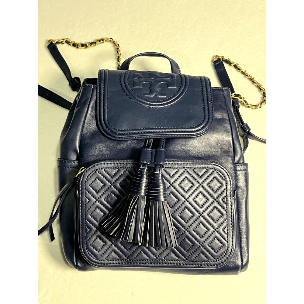 Tory Burch Navy Blue Quilted Leather Tassel Backpack with Gold Chain Accent